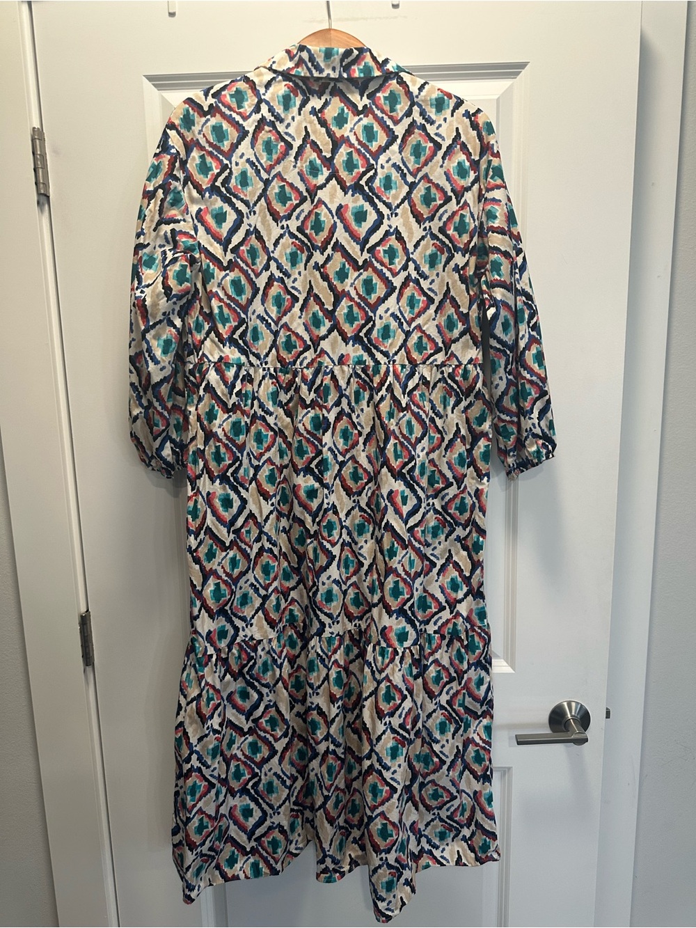 Viral Anthropologie Bettina Tiered Shirt dress. Geometric teal multicolored. Med - Picture 5 of 6